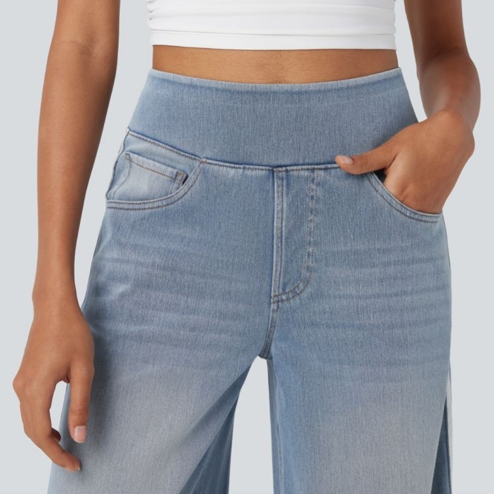 Halara Flex High Waisted Striped Wide Leg Wash Knit Jeans | M | Pockets | NWOT - Picture 3 of 4